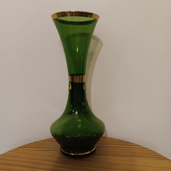 Vintage Bohemian Green Glass Bud Vase with hand painted Floral & Gold Design 8" - Picture 2 of 5